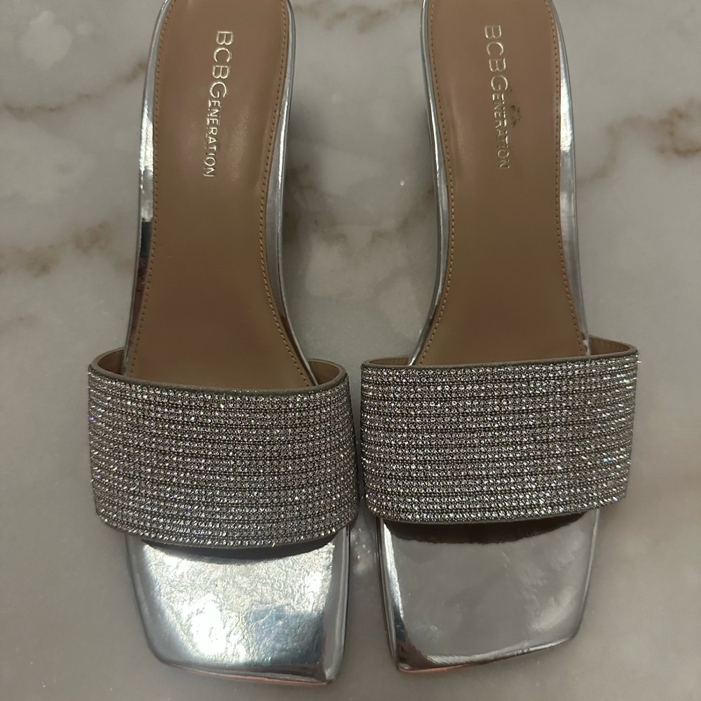 BCBGeneration Silver Rhinestone Slide Heels